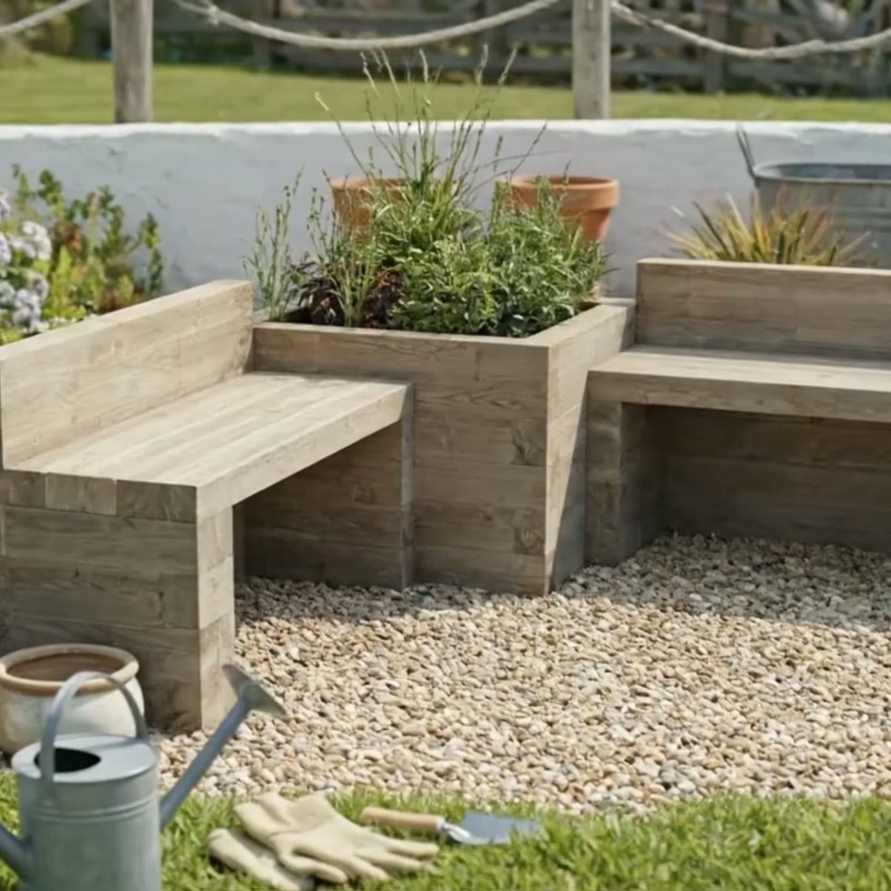 Panchina da giardino doppia con fioriera angolare / 1.875 x 1.875 x 0.65m