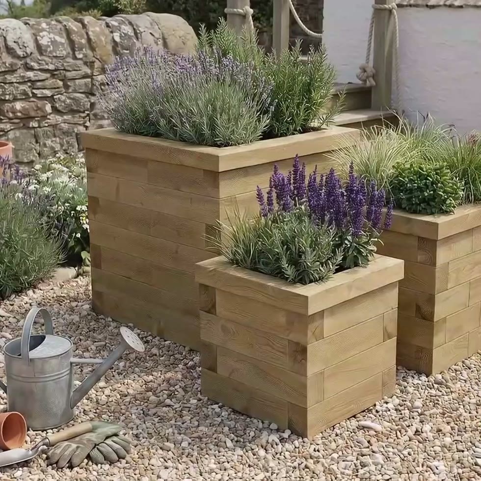 Set di tre fioriere cubiche in legno / 0,75 x 0,75 x 0,75 m