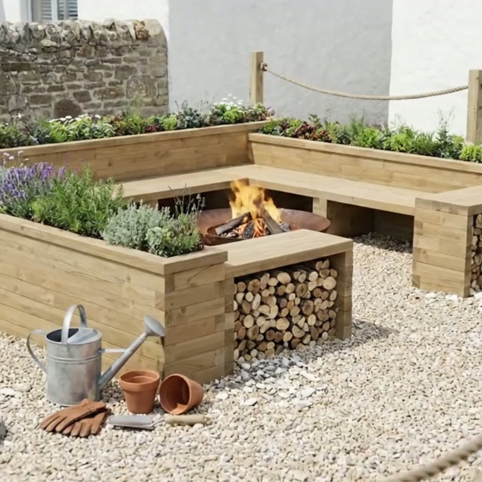 Panca con fioriera quadrata per braciere / 4,35 x 3,675 x 0,85 m