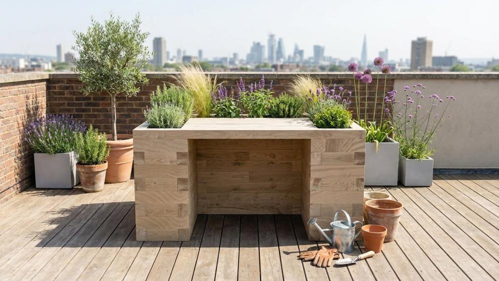 Orto rialzato accessibile realizzato con componenti WoodBlocX su una superficie piana