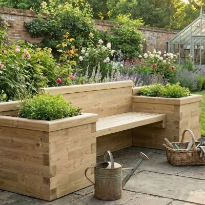 Panchina da giardino con fioriere fermalibri / 2,4 x 0,75 x 0,85 m
