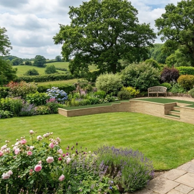 Muro di contenimento curvo con gradini e spazio per pavimentazione / 9,5 m x 2,96 x 0,6 m