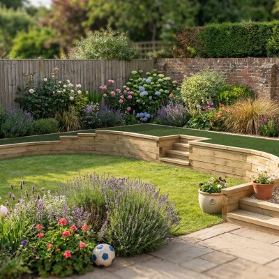 Muro di contenimento curvo con gradini e spazio per pavimentazione / 9,5 m x 2,96 x 0,6 m