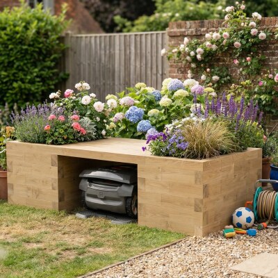 Garage per robot tosaerba con panca portavasi / 2,025 x 0,9 x 0,55 m