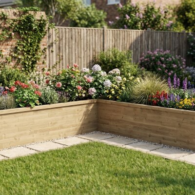 Letto rialzato in legno a forma di L / 3,75 x 3,75 x 0,825 x 0,75 m