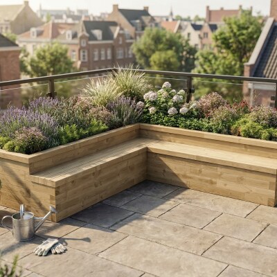 Grande letto rialzato a forma di L con seduta / 3,75 x 3,75 x 0,65 m