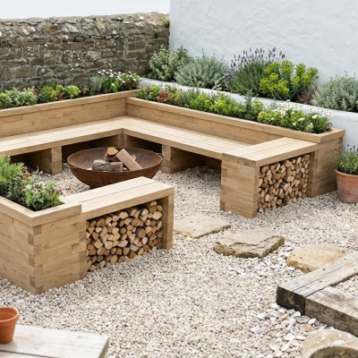 Square Fire Pit Planter Bench / 4.35 x 3.675 x 0.85 m