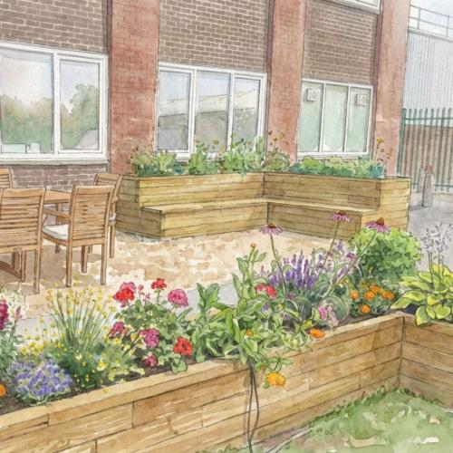 Panchina con fioriera rialzata a L presso la sede Twinings